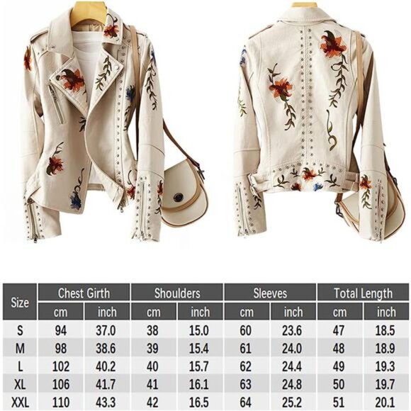 Off White Floral Embroidered Studded Faux Leather Jacket Moto Bomber Jacket Coat - Picture 10 of 10